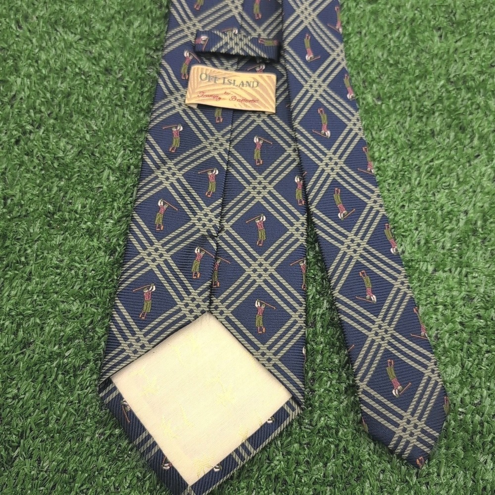 Off Island Tommy Bahama Men's‎ 100% Silk Necktie Designer Golfer Gold Nav - Picture 2 of 6